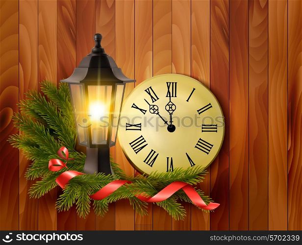 Christmas background with a lantern and a clock. Vector.