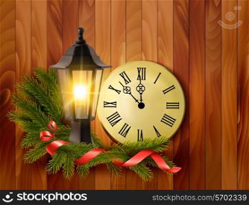 Christmas background with a lantern and a clock. Vector.