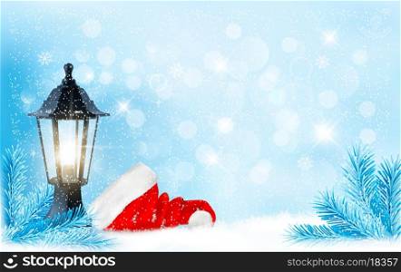 Christmas background with a lantern and a Santa hat. Vector.