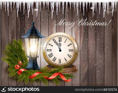 Christmas background with a lantern and clock and gift ribbon Vector.