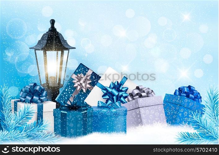 Christmas background with a lantern and presents. Vector.