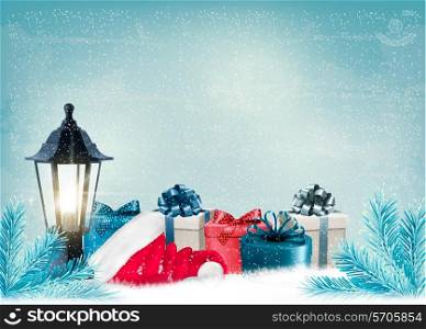 Christmas background with a lantern and presents. Vector.