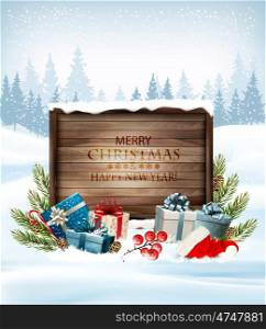 Christmas background with a retro wooden sign and gift boxes. Vector