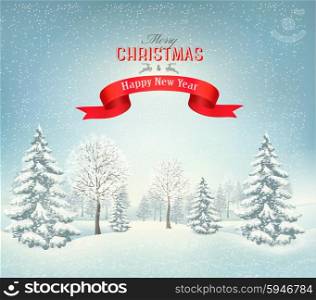 Christmas background with a snowy landscape and a red ribbon. Vector.