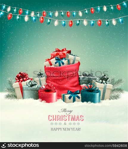 Christmas background with a winter landscape and a sack full of presents. Vector.