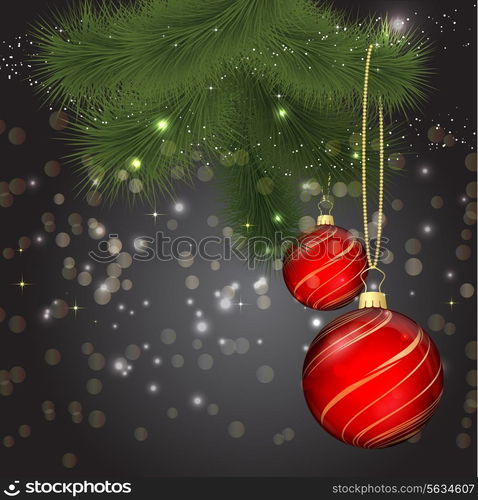 Christmas background with baubles and fir tree branch