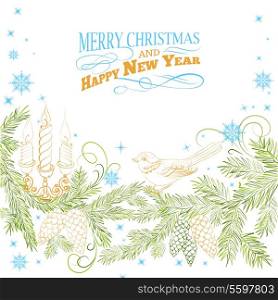 Christmas background with bird and fir. Vector illustration.