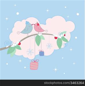 Christmas background with birds on a branch