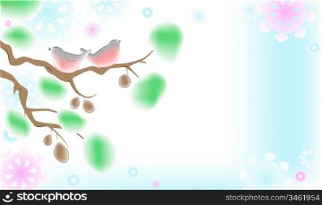 Christmas background with birds sittings on a branch and snowflakes