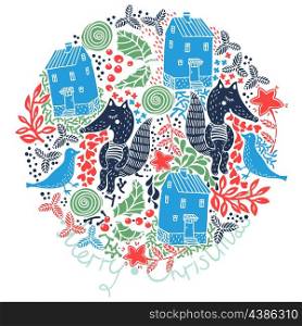Christmas background with blue houses and cute foxes