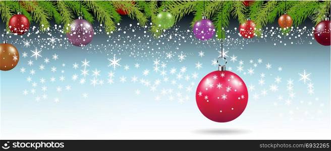 Christmas background with branches and balls with decorations. Vector illustration