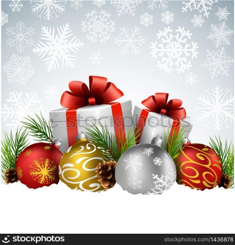 Christmas background with Christmas ball and gift box on the snow