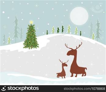 Christmas background with Christmas tree with cute family reindeer moomy and son staning on hill in winter forest, Cute flat cartoon design. Vector Illustration for Greeting card, flyer and invitation