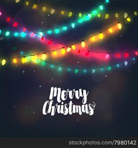 Christmas background with colorful light garlands and Merry Christmas typography