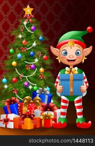 Christmas background with elf holding gift box
