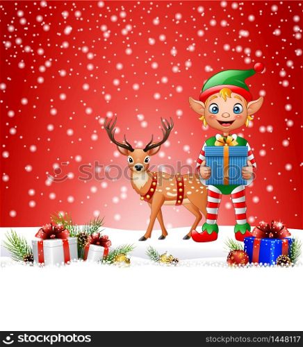 Christmas background with elf holding gift box