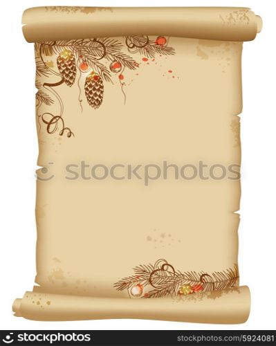 Christmas background with fir branch and vintage scroll