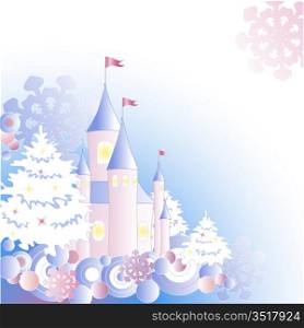 Christmas background with firs, castle and snowflakes