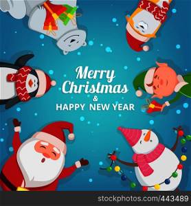 Christmas background with funny characters. Design template with place for your text. Christmas banner card template with snowman and elf illustration. Christmas background with funny characters. Design template with place for your text