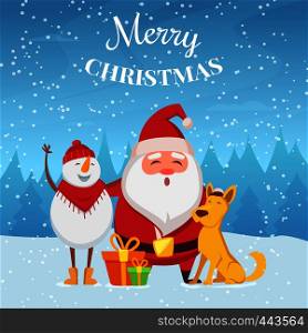 Christmas background with funny characters. Santa, snowman and yellow dog. Christmas cartoon winter characters. Vector illustration. Christmas background with funny characters. Santa, snowman and yellow dog