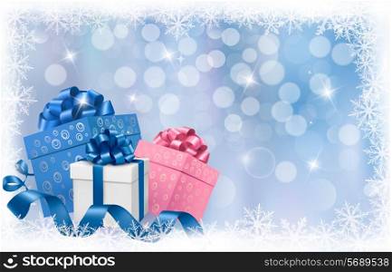 Christmas background with gift boxes and blue ribbons. Vector illustration.