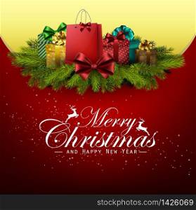 Christmas background with gift boxes and pine tree .Vector
