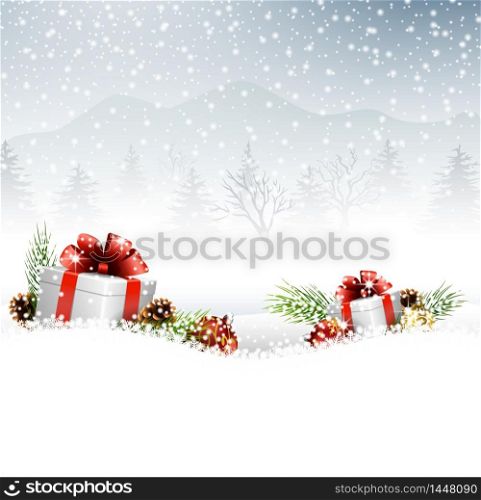 Christmas background with gift boxes on the snow