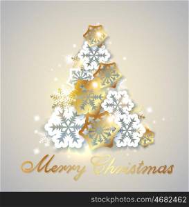 Christmas background with golden and white paper snowflakes. Decorative Christmas tree from snowflakes.