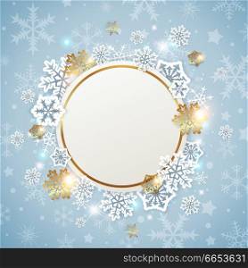 Christmas background with golden round frame  and white snowflakes. New year greeting card. Vector illustration
