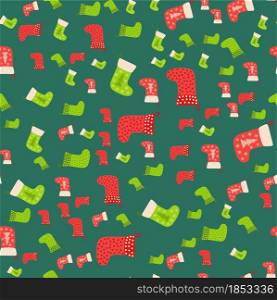 Christmas background with green, red stockings, wrapping paper and background image. Christmas stockings seamless pattern.. Christmas background with green, red stockings, wrapping paper and background image