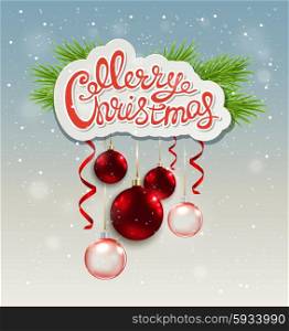 Christmas background with greeting inscription, fir branch and red decorations