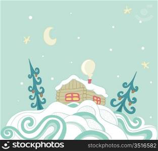 Christmas background with house in the snow