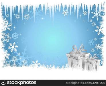 Christmas background with icicles and gifts