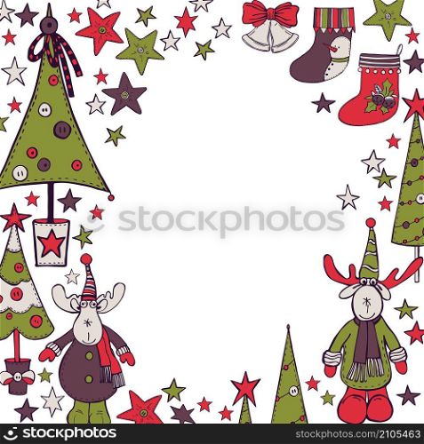 Christmas background with moose and Christmas trees.Vector sketch illustration.. Christmas set. Vector sketch illustration.