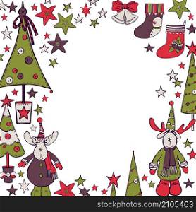 Christmas background with moose and Christmas trees.Vector sketch illustration.. Christmas set. Vector sketch illustration.