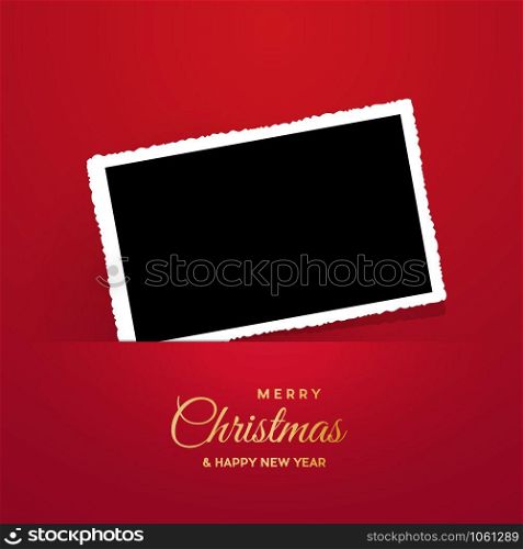 Christmas background with photo, blank frame. Vector template with picture to insert