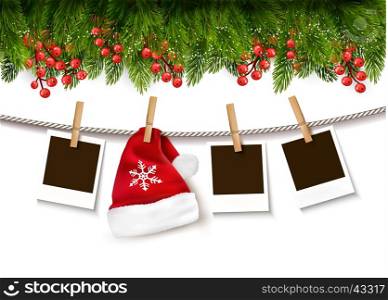 Christmas background with photos and a Santa hat. Vector.
