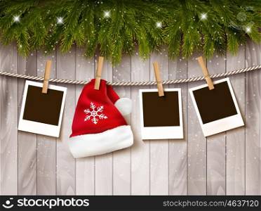 Christmas background with photos and a santa hat. Vector.