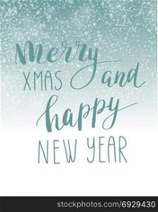 Christmas background with place for your text. Christmas Holiday background with lettering phrase Merry Christmas and Happy new year on blue background with snowfall and snowflakes