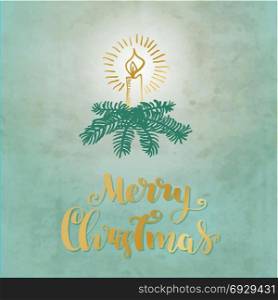 Christmas background with place for your text. Christmas Holiday background with lettering phrase Merry Christmas on vintage paper blue background with fir tree branches wreath and gold candle with flame