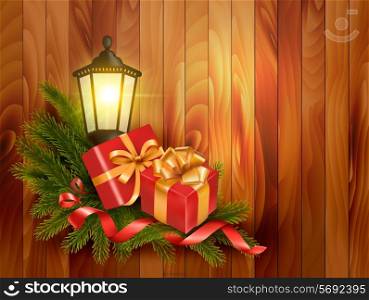 Christmas background with presents and a lantern. Vector.