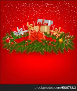 Christmas background with presents and a red ribbon. Vector illustration.