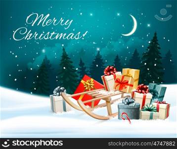 Christmas background with presents on a sleigh. Vector illustration