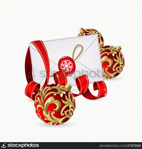 Christmas background with red balls, ribbon and envelope