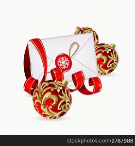 Christmas background with red balls, ribbon and envelope
