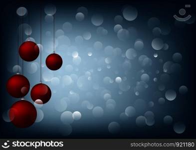 Christmas background with red bauble,snow and snowflakes- Lights Bokeh Defocused Decoration Blue