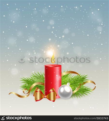 Christmas background with red candle and decorations