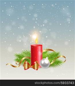 Christmas background with red candle and decorations