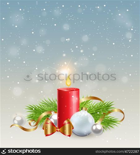 Christmas background with red candle, green fir branch and white decorations