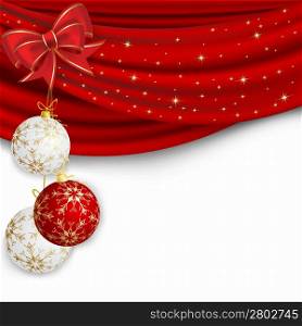 Christmas background with red curtain and ball